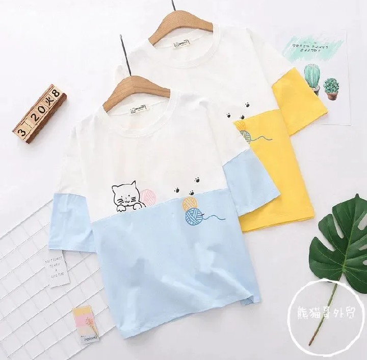 Cartoon Kitty Print Short Sleeve For Women Jersey Fabric