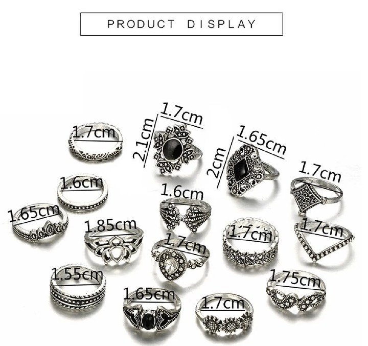 15 Piece/Set Bohemian Retro Crystal Flower Leaves Leaves Blank Padma Gem Silver Ring