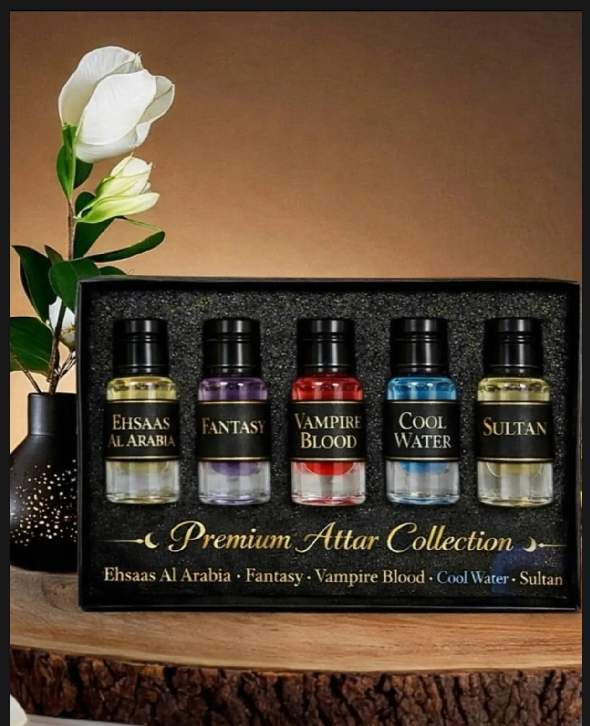 Premium Arabic Attar Gift Set 5 Exclusive Fragrances (Vampire Blood, Cool Water, Fantasy, Sultan, Ehsaas Al Arabia) |