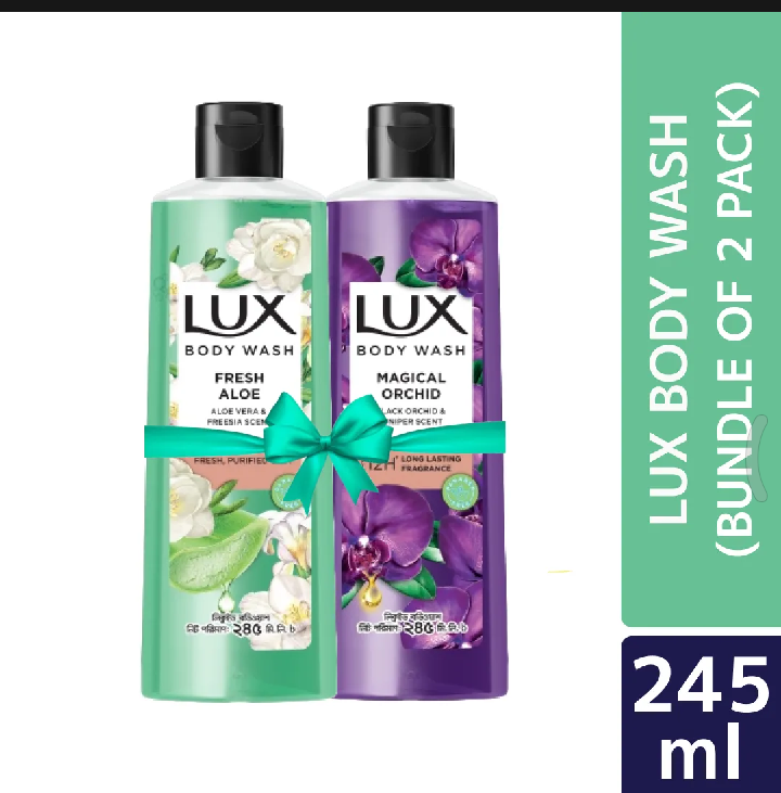LUX Body Wash Fresh Aloe & Magical Orchid 245ml Combo Pack (Free Loofah)