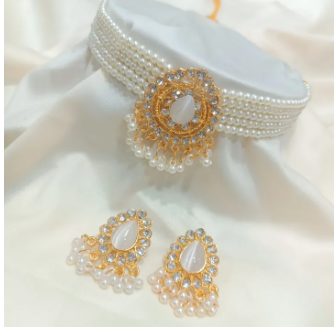 Alloy Earring and Necklace Set Gold Plated Pearl Zirconia Choker Elegant Design-Ring Size-Adjustable