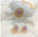 Alloy Earring and Necklace Set Gold Plated Pearl Zirconia Choker Elegant Design-Ring Size-Adjustable