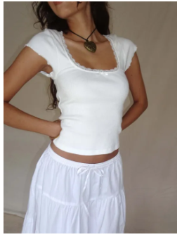y2k Vintage Baby Tee Cottage Lace Trim Knitted T-Shirt Summer Square Neck Short Sleeve Tee Shirt Women White Milkmaid Crop Top