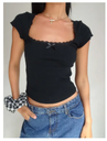 y2k Vintage Baby Tee Cottage Lace Trim Knitted T-Shirt Summer Square Neck Short Sleeve Tee Shirt Women White Milkmaid Crop Top