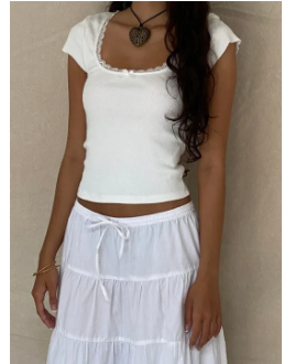 y2k Vintage Baby Tee Cottage Lace Trim Knitted T-Shirt Summer Square Neck Short Sleeve Tee Shirt Women White Milkmaid Crop Top