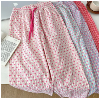 Summer Pajama Pants Woman Heart Print Trousers Gauze Home Trousers Casual Simple Ladies Sleeping Pants