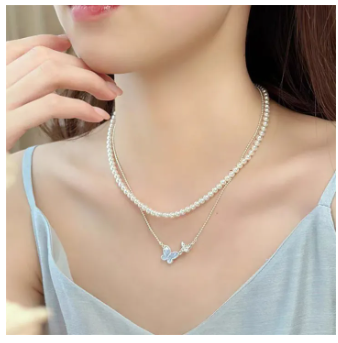Light Luxury Shiny Zircon Butterfly Bracelet For Women Blue Rhinestone Double Butterfly Necklace Earring Set Girls Party Jewelry