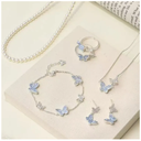 Light Luxury Shiny Zircon Butterfly Bracelet For Women Blue Rhinestone Double Butterfly Necklace Earring Set Girls Party Jewelry