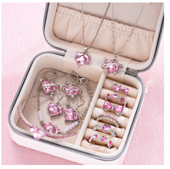 14 Pcs/Set Pink Crystal Jewelry Set for Women Y2k Kpop Cute Girl Heart Pendant Necklace Earring Bracelet Ring Trendy Jewelry New