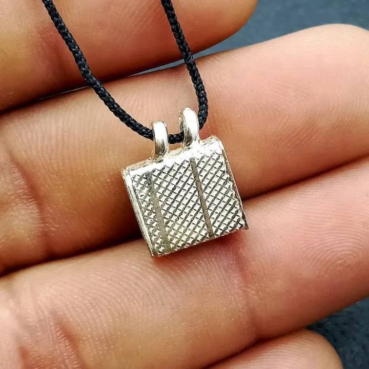Silver Taweez With Black Thread, Handmade Square Shape Amulet Box Pendant, Stash Mantra Box, Religious Pendant, Taweez Locket