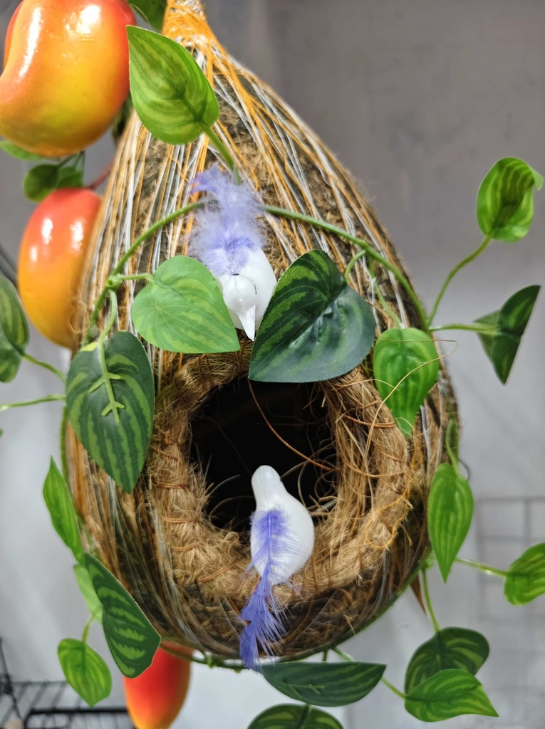 BIG Hanging Babui Pakhir Basha with Birds & Plastic Plant - Natural Look Bird Nest Décor 15" Home & Garden Decoration