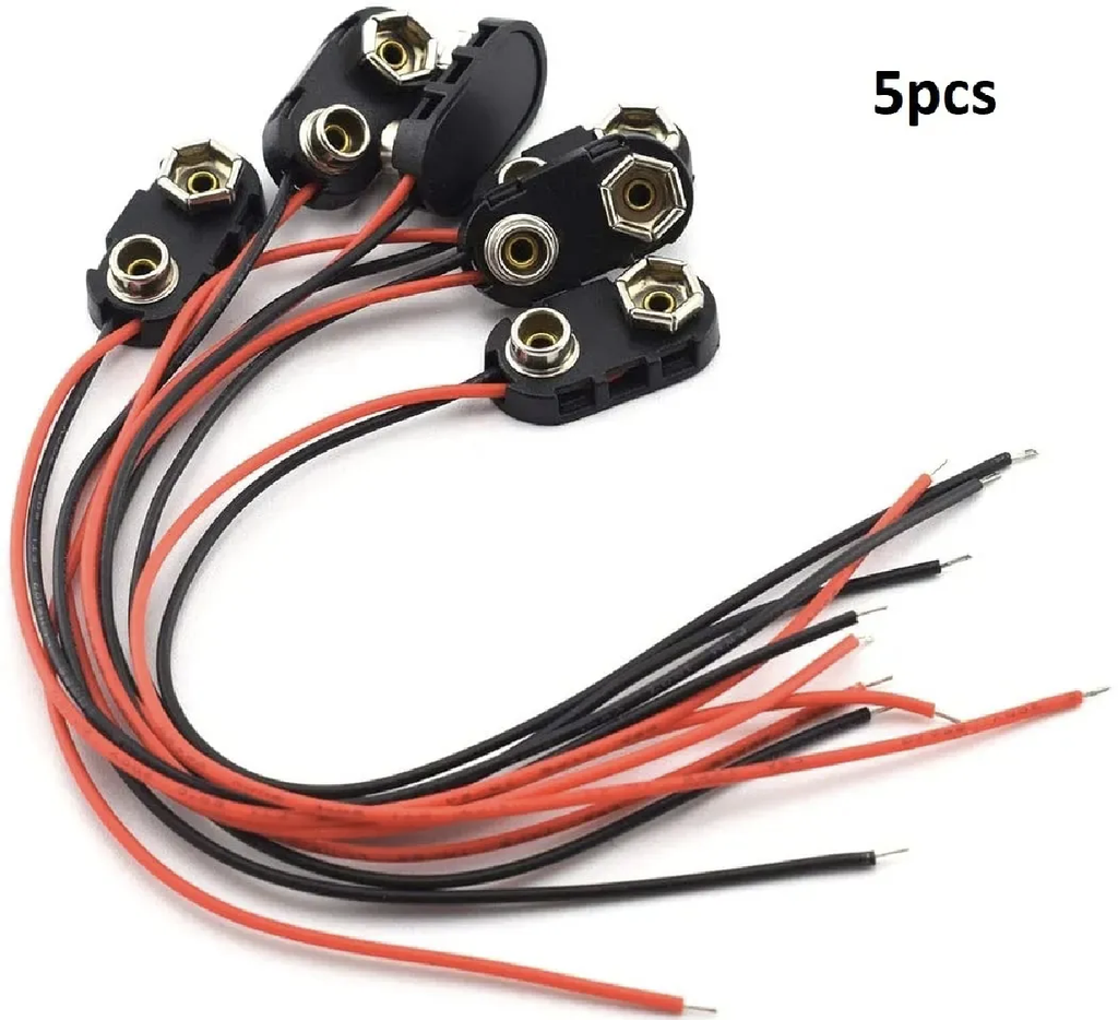 9V Battery Clip Connector, 5pcs Battery Button Clips with Wire Leads (Black Hard Shell)