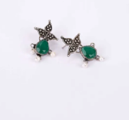 Simulated Stone And Pearl Studded Oxidized Silver Earrings