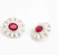 Pearl and Simulated Ruby Silver Earrings