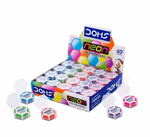DOMS Neon Hex Eraser, Pack of 60 Pcs