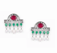 Pearl and Simulated Ruby Oxidized Silver Earrings