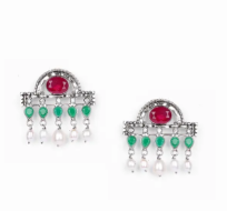 Pearl and Simulated Ruby Oxidized Silver Earrings