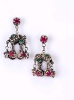 Simulated Stone Studded Oxidized Silver Chandelier Earrings
