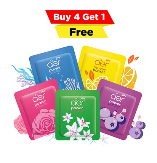 Godrej Aer Power Pocket Bathroom Fragrance Assorted Pack, 10gm (Buy 4 Get 1 Free)