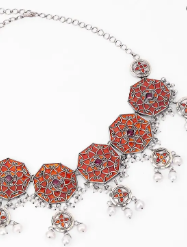 Pearl and Simulated Ruby Oxidized Silver Necklace