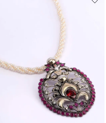 Pearl & Simulated Stone Oxidized Silver Necklace