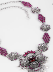 Pearl and Simulated Ruby Oxidized Silver Necklace