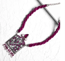 Pearl and Simulated Ruby Oxidized Silver Necklace