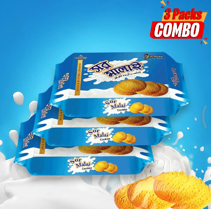 Sor Malai Family Biscuits - Pack of 3 (161g Each) | Milk-Flavored Snack Biscuits by Haque - Perfect for Family & Gifting