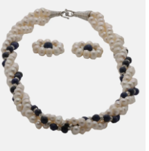 Deep Blue Simulated Stone and White Pearl Beaded Necklace Set