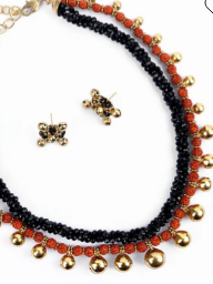 Black Faux Crystal and Rudraksha Necklace Set