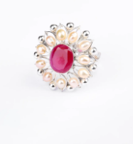 Pearl And Simulated Stone Studded Oxidized Silver Ring