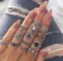 15 Piece/Set Bohemian Retro Crystal Flower Leaves Leaves Blank Padma Gem Silver Ring