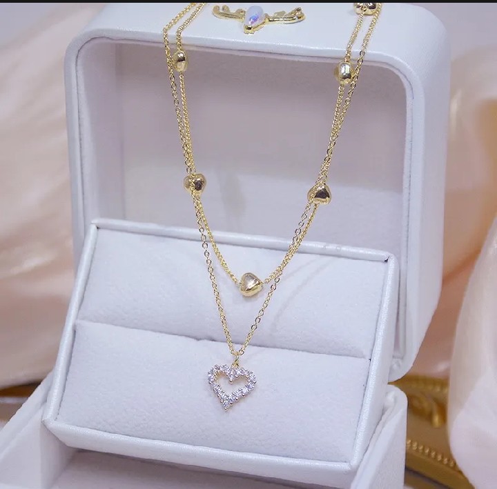 Korean Double Layer Heart Necklace Shiny Bling Zircon For Women Clavicle Chain Elegant Charm Wedding Pendant Choker Jewelry Gift - Necklace For Girls