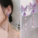 Fashion Korean Shining Rhinestone Butterfly Earrings For Women Elegant Pearl Tassel Stud Earrings