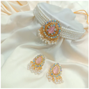 Alloy Earring and Necklace Set Gold Plated Pearl Zirconia Choker Elegant Design-Ring Size-Adjustable