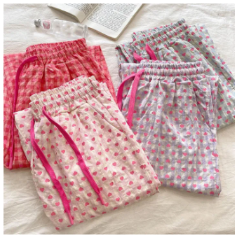 Summer Pajama Pants Woman Heart Print Trousers Gauze Home Trousers Casual Simple Ladies Sleeping Pants